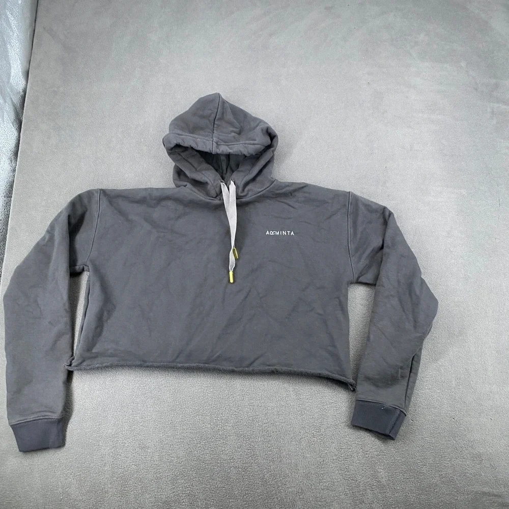 Arminta Womens Cropped Hoodie Charcoal Gray Cotton Raw Hem Sweatshirt Size M